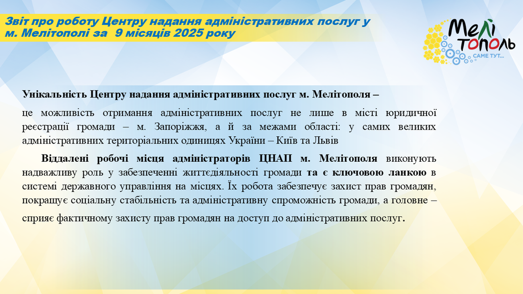Звіт про роботу Центру надання адміністративних послуг у м. Мелітополі за  9 місяців 2025 року